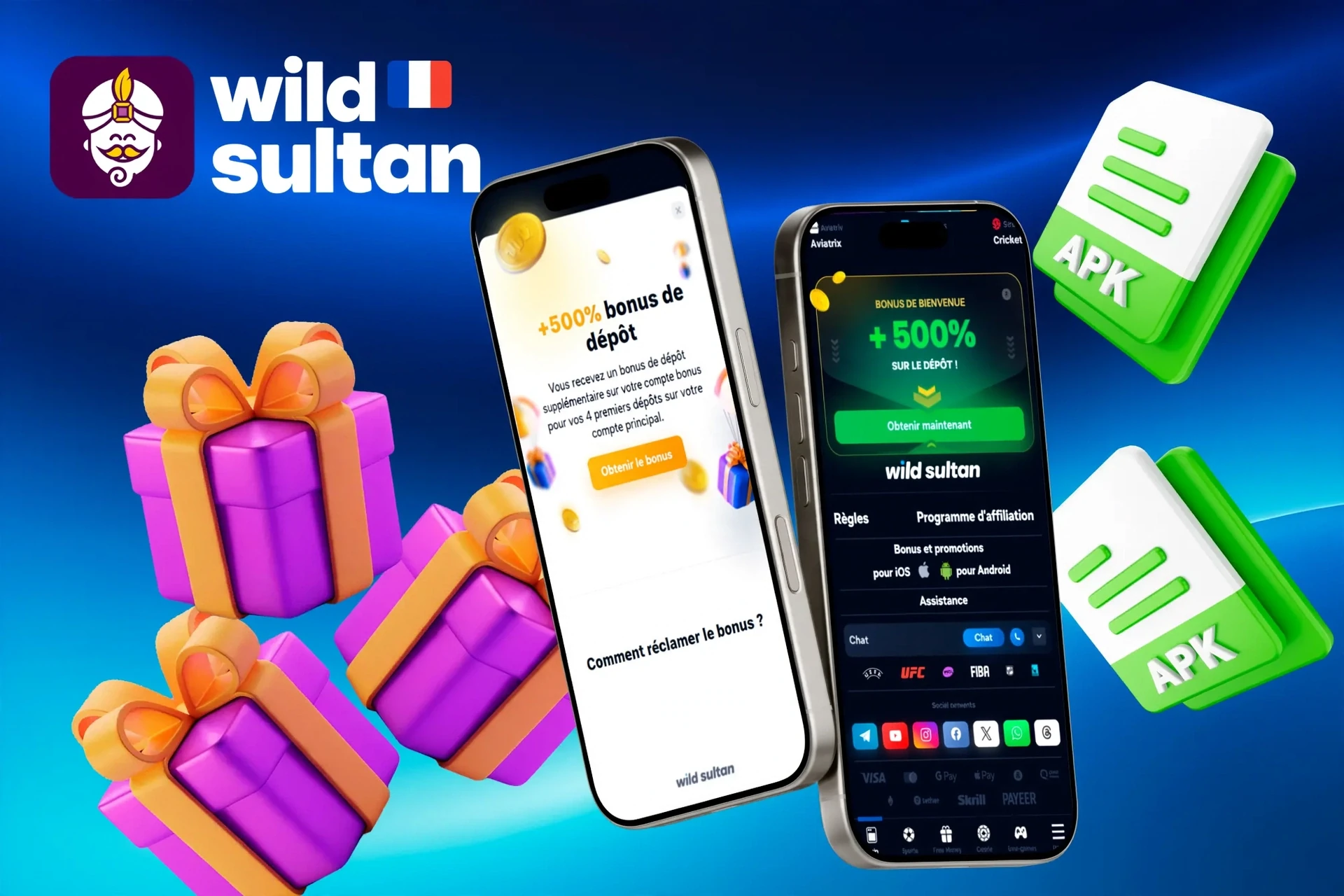 Promotion de l'application mobile Casino Night avec un bonus de bienvenue jusqu'à 1 500 € + 200 tours gratuits et illustration de boîte cadeau