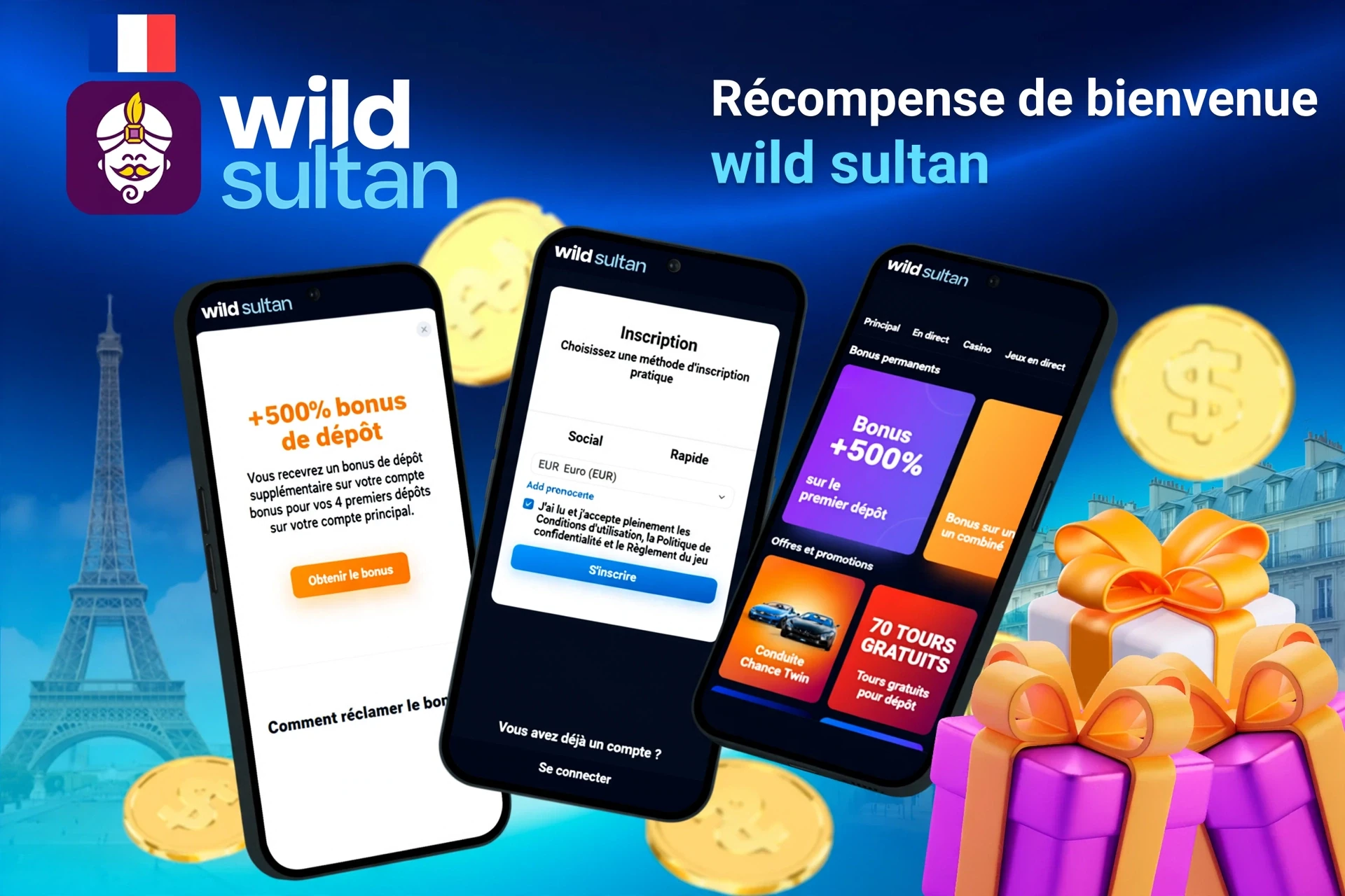 Écrans mobiles montrant l'inscription à Casino Night et une prime de dépôt de 500 % avec des boîtes-cadeaux