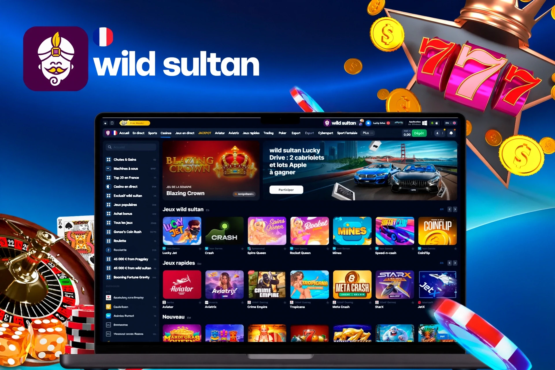 Page d'accueil du casino avec divers jeux de machines à sous et jeux crash, dont Lucky Jet et Blazing Crown