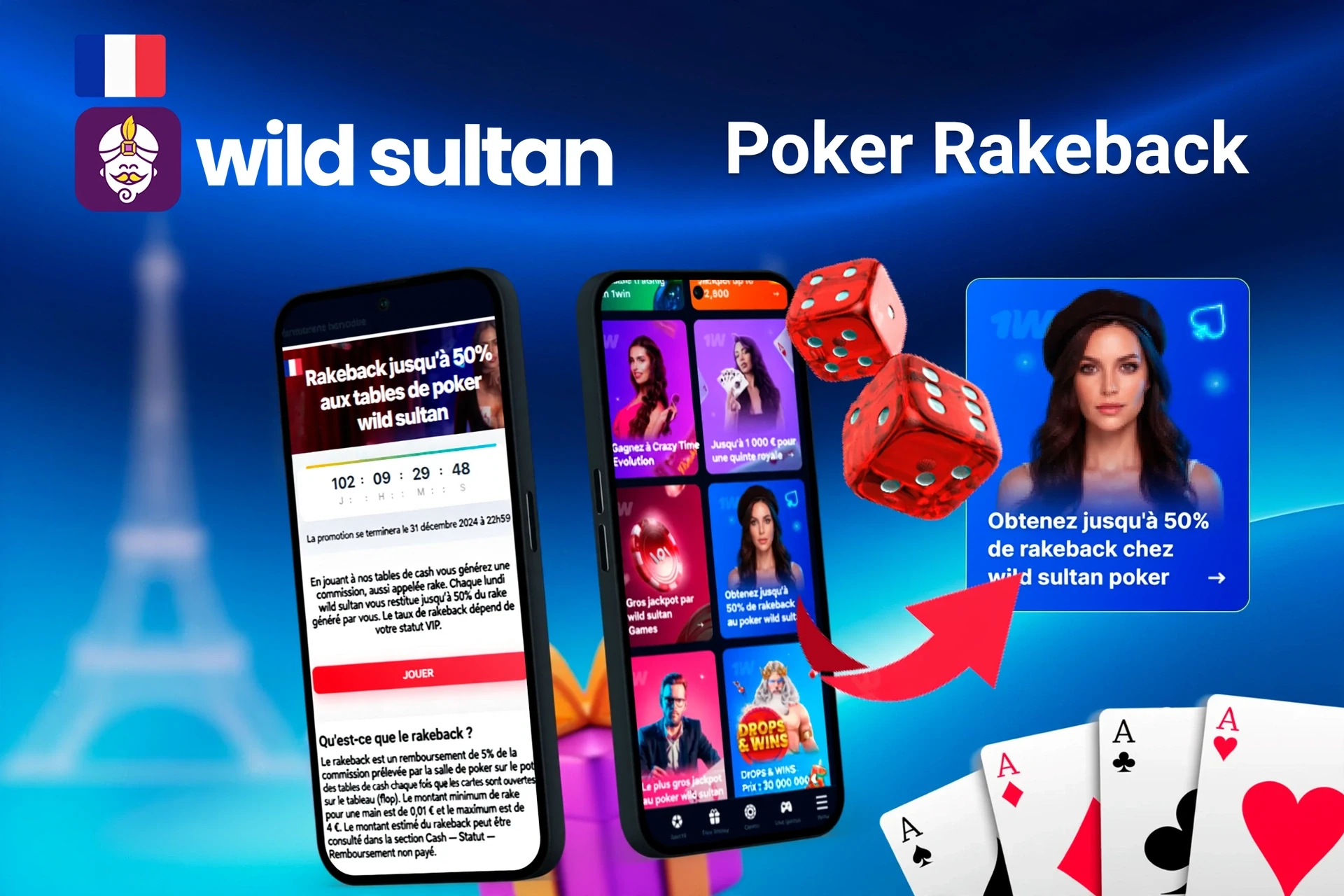 Mobile app with 1Win poker rakeback offer up to 50%, red dice, and playing cards
