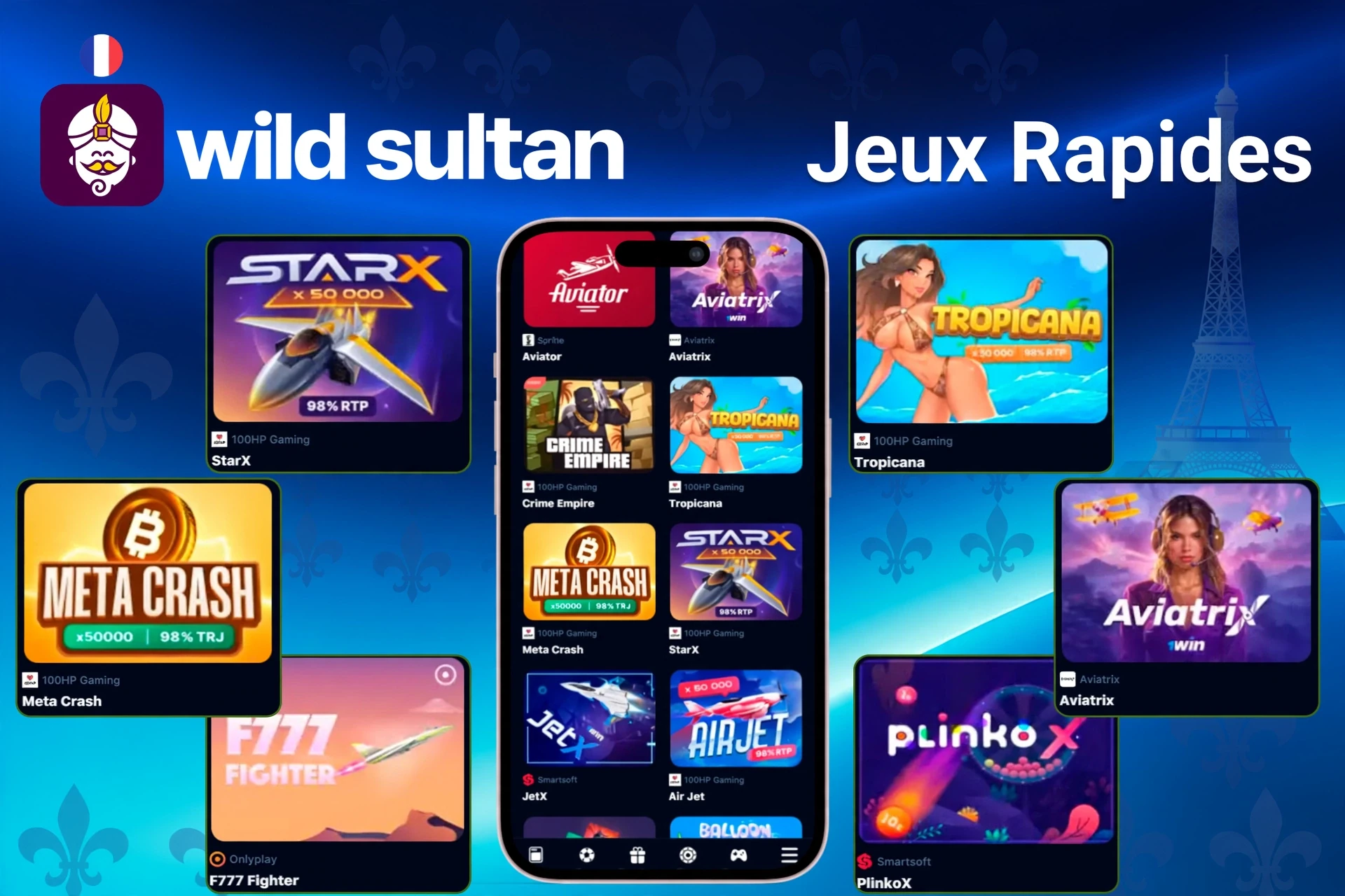 section des jeux rapides avec des titres comme StarX, Tropicana, Meta Crash et PlinkoX mis en avant sur l'application mobile
