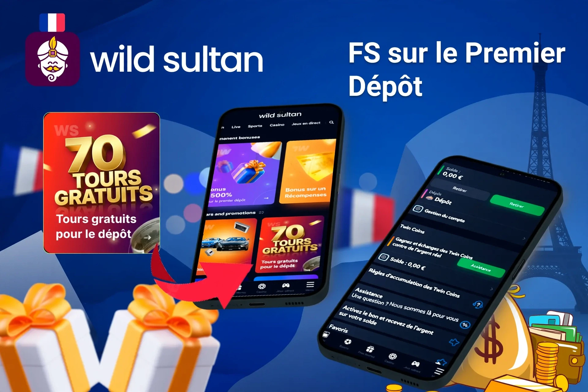 Mobile app showing casino game offers like loyalty program and free spins with poker chips and cards