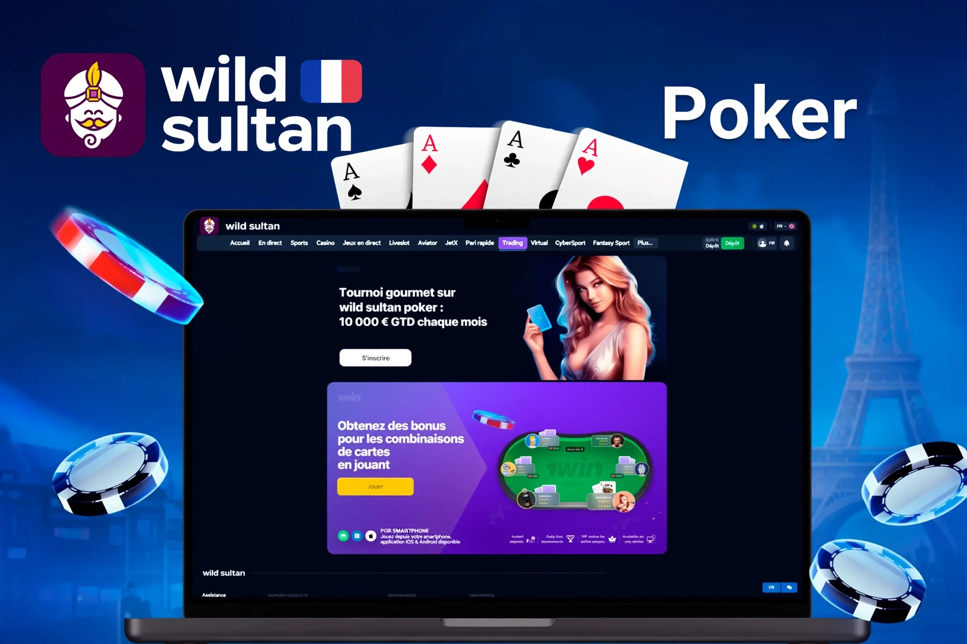 Promotion poker de Casino Night mettant en avant un tournoi prestigieux avec un prix garanti de €10,000 et des bonus pour des combinaisons de cartes
