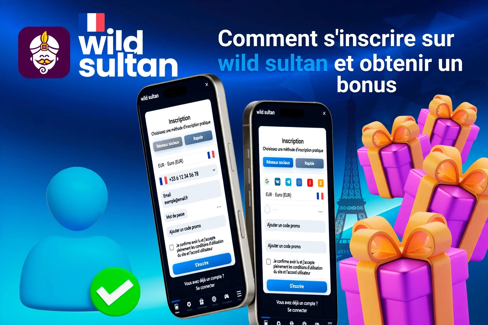 Mobile registration page for 1Win showing bonus offers with purple and gold gift boxes