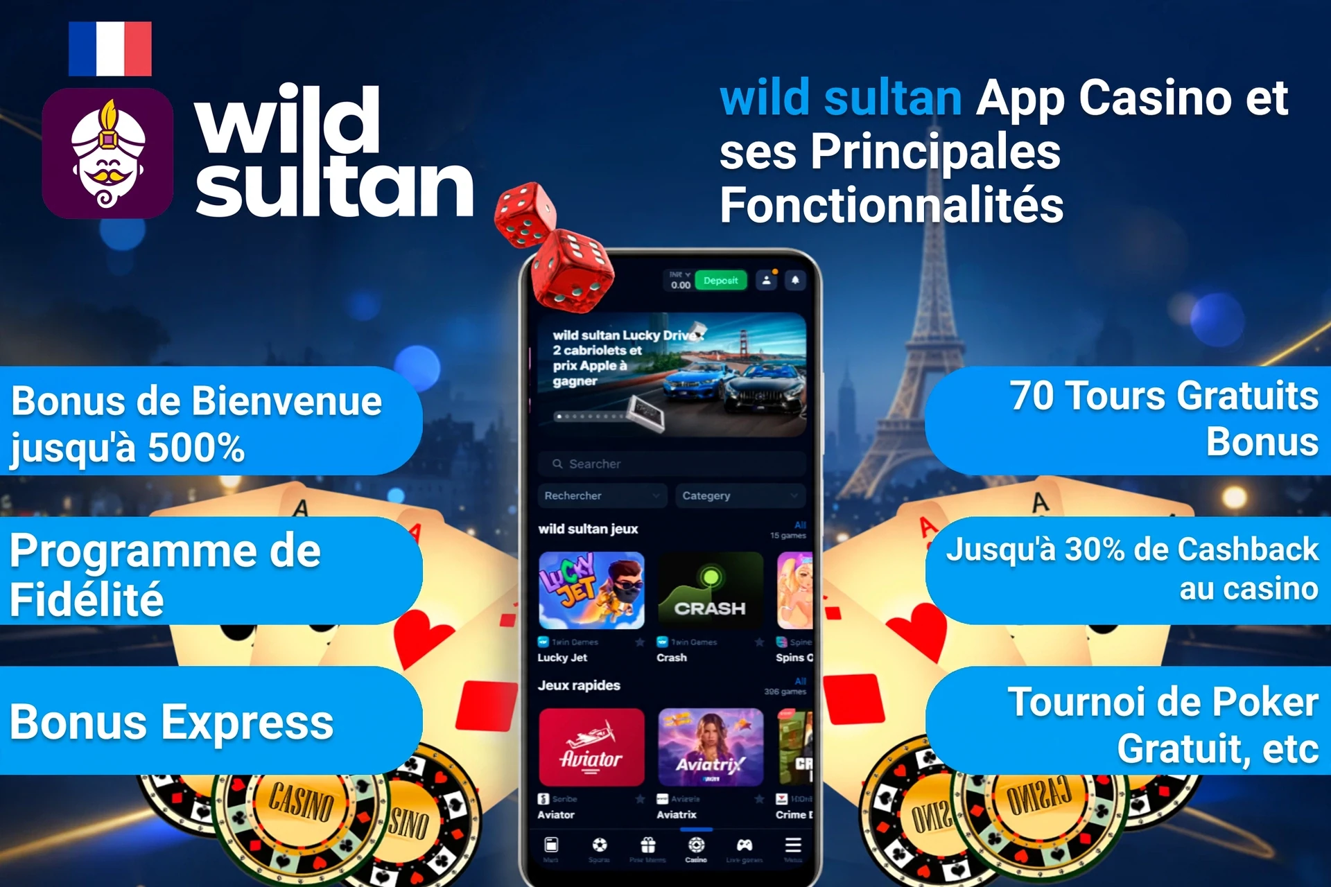 1Win App Casino top features including welcome bonus, loyalty program, and express bonus on mobile interface