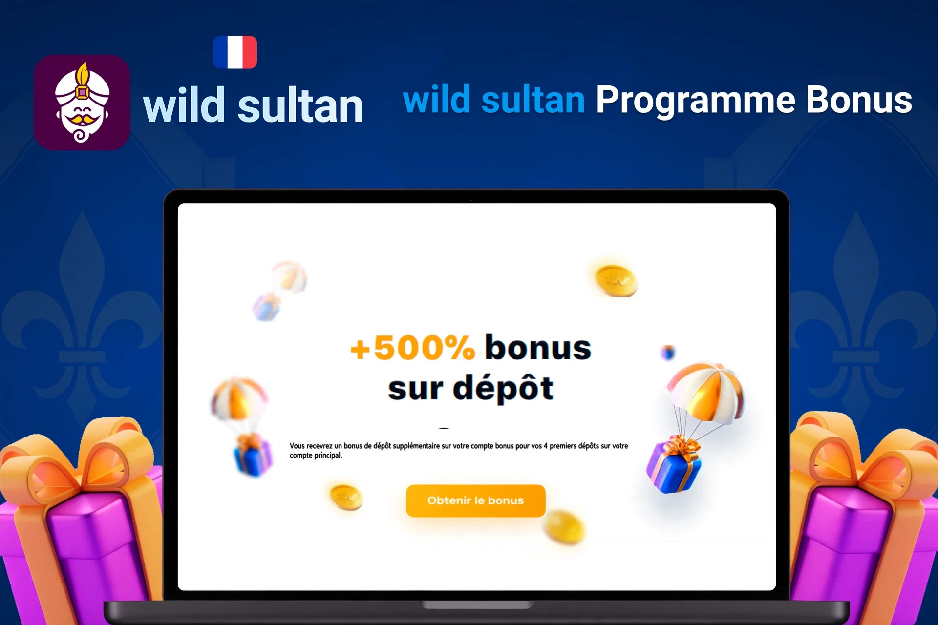 Ordinateur portable montrant une offre de bonus de dépôt +500% avec pièces flottantes et cadeaux