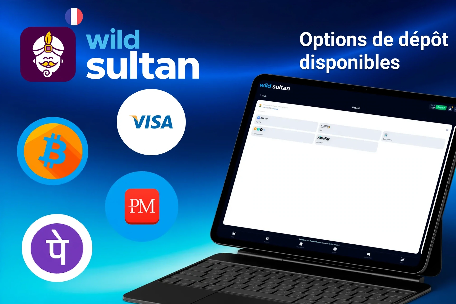 Options de dépôt disponibles sur la plateforme Casino Night, incluant Bitcoin, Visa, Paylib et Perfect Money, affichées sur une tablette