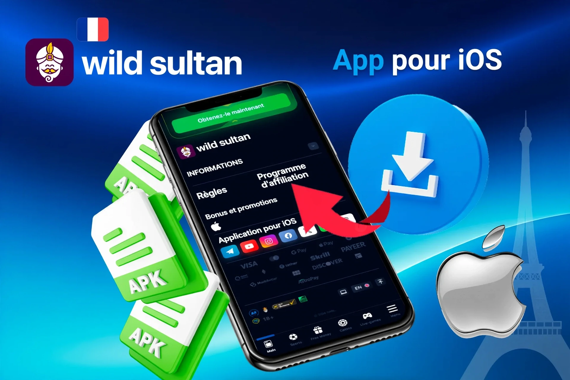 Écran de téléchargement de l'application iOS avec icônes de fichiers APK et logo Apple