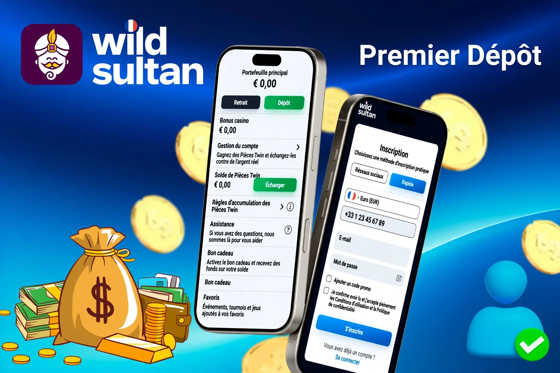 interface mobile montrant les étapes pour effectuer le premier dépôt, avec des icônes pour les options de paiement et l'inscription au bonus
