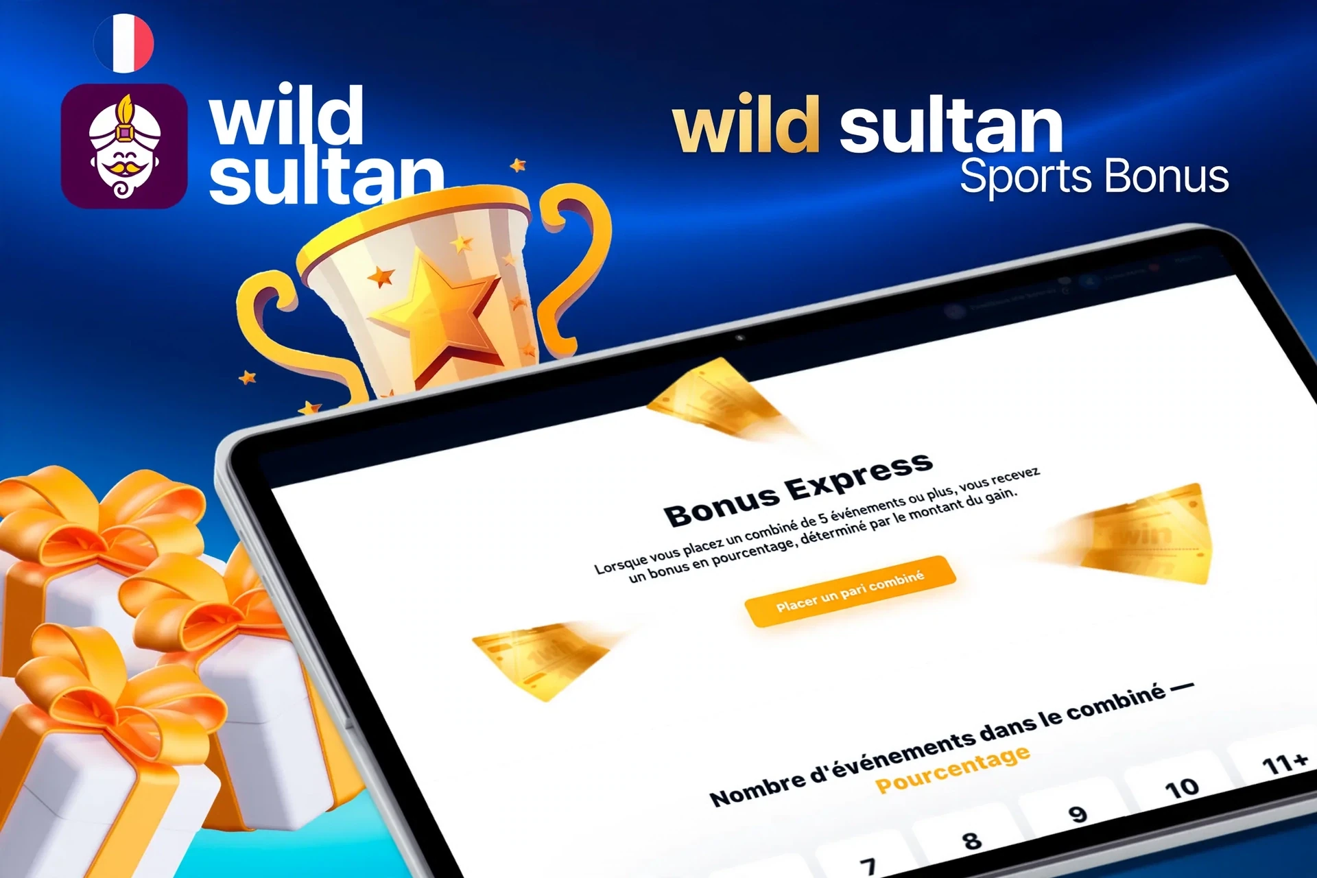 Écran de tablette avec offre de bonus express pour les paris sportifs de Casino Night, avec trophée et boîtes cadeaux.