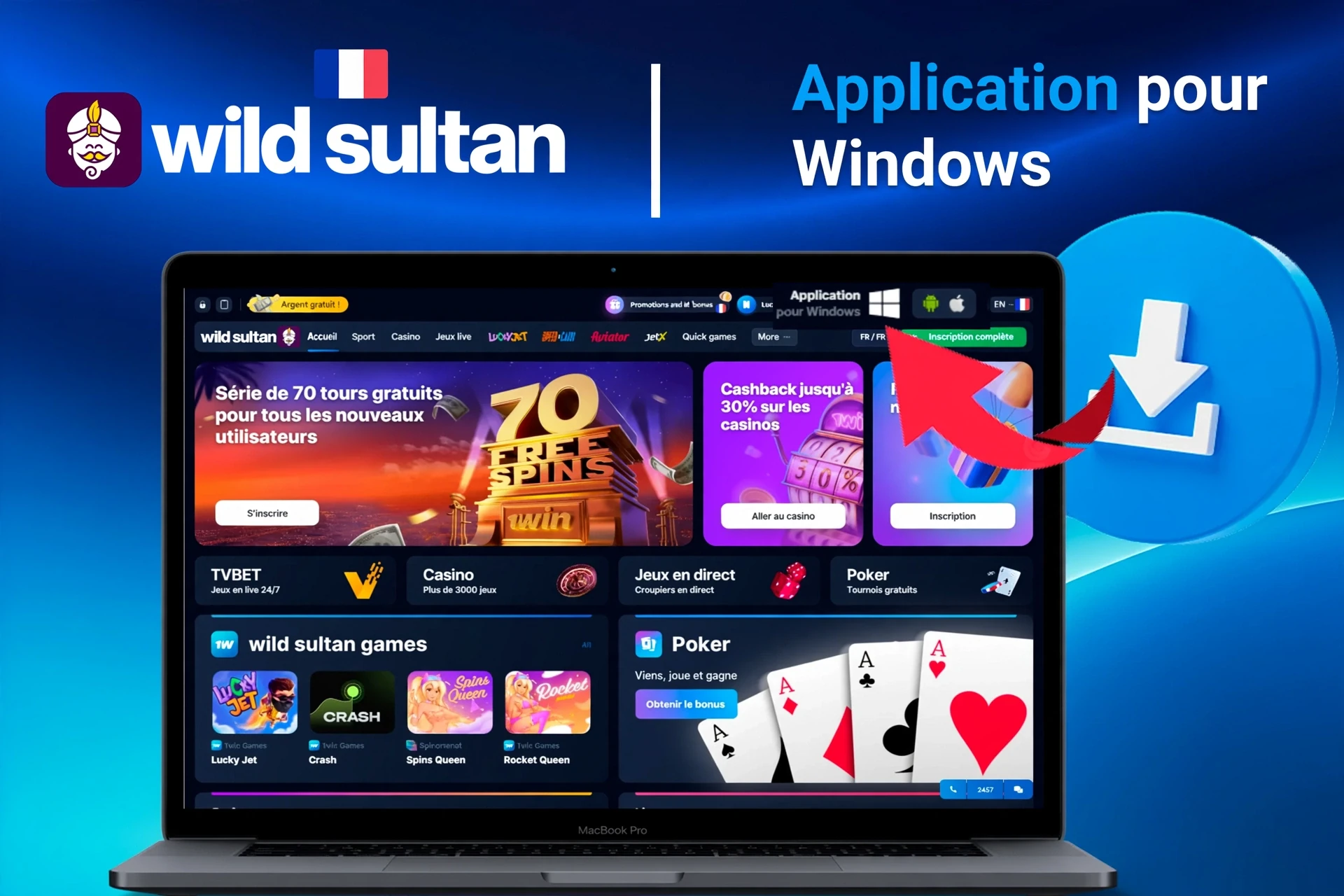 Application pour Windows avec instructions de téléchargement et promotion de 200 tours gratuits