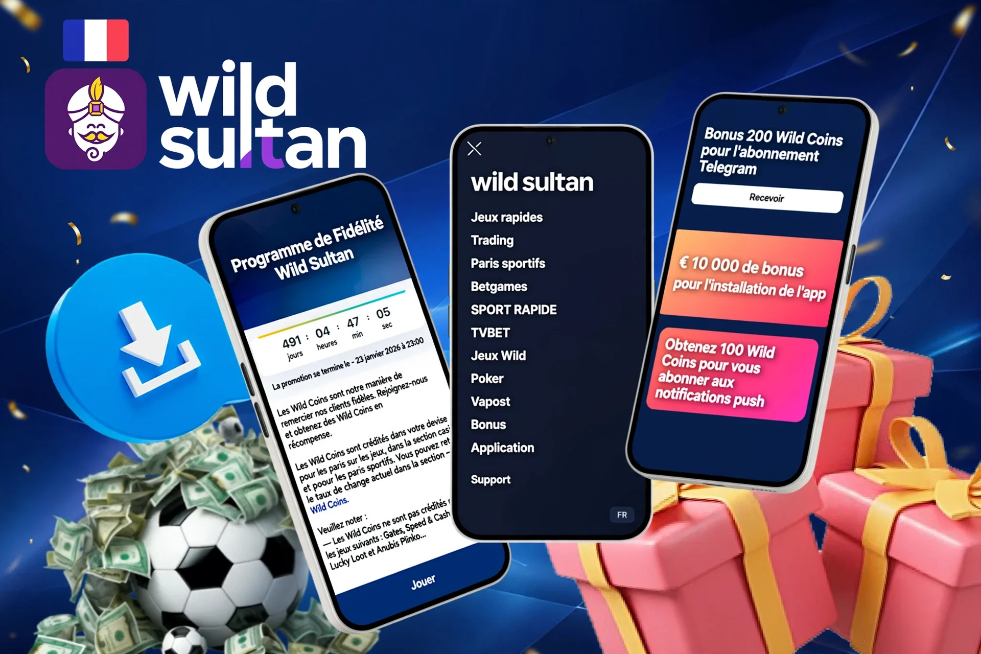 Écrans mobiles montrant le programme de fidélité, le bonus d'installation de l'application, et une icône de football avec bouton de téléchargement