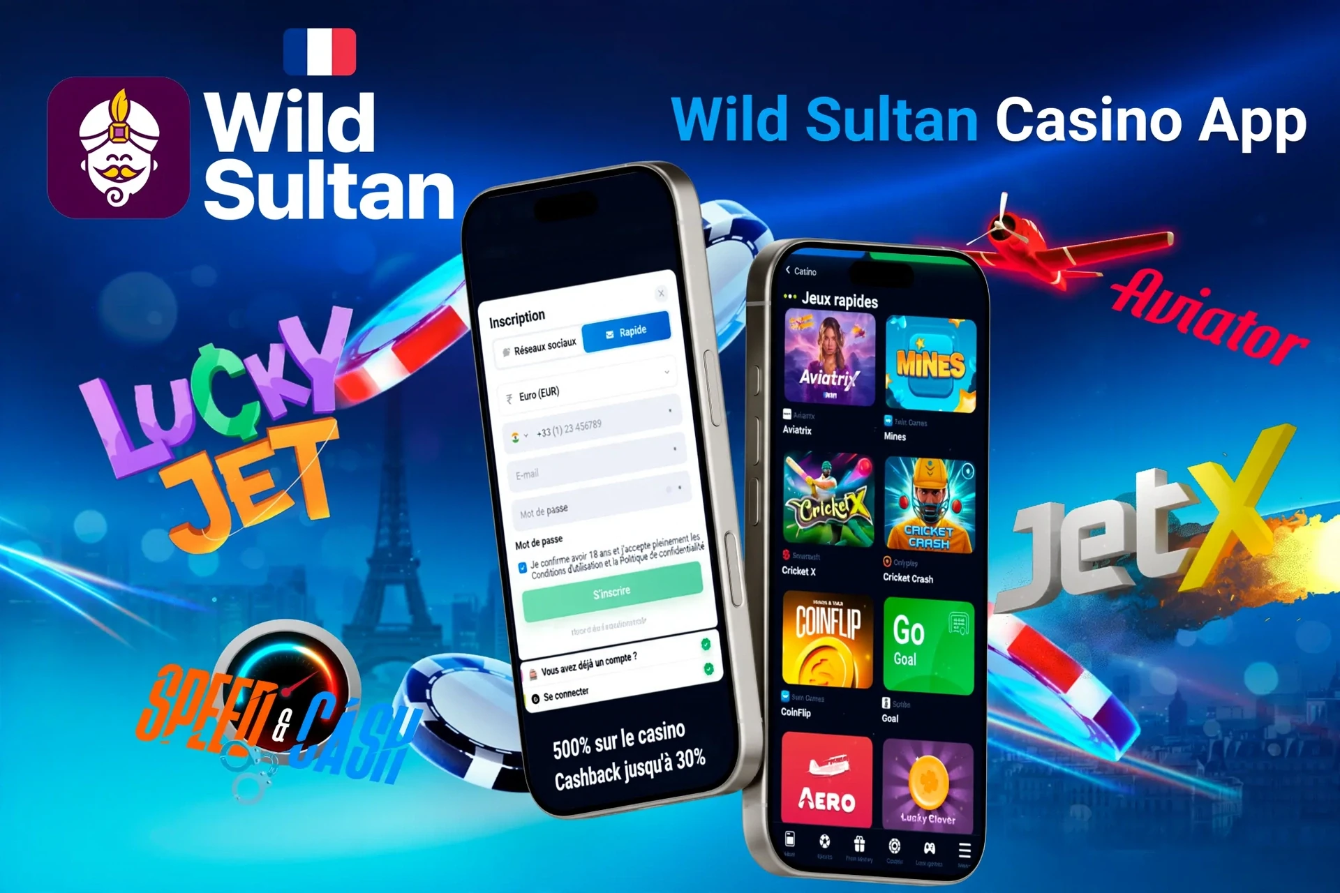 1Win Casino app registration screen with quick games like Aviatrix and JetX