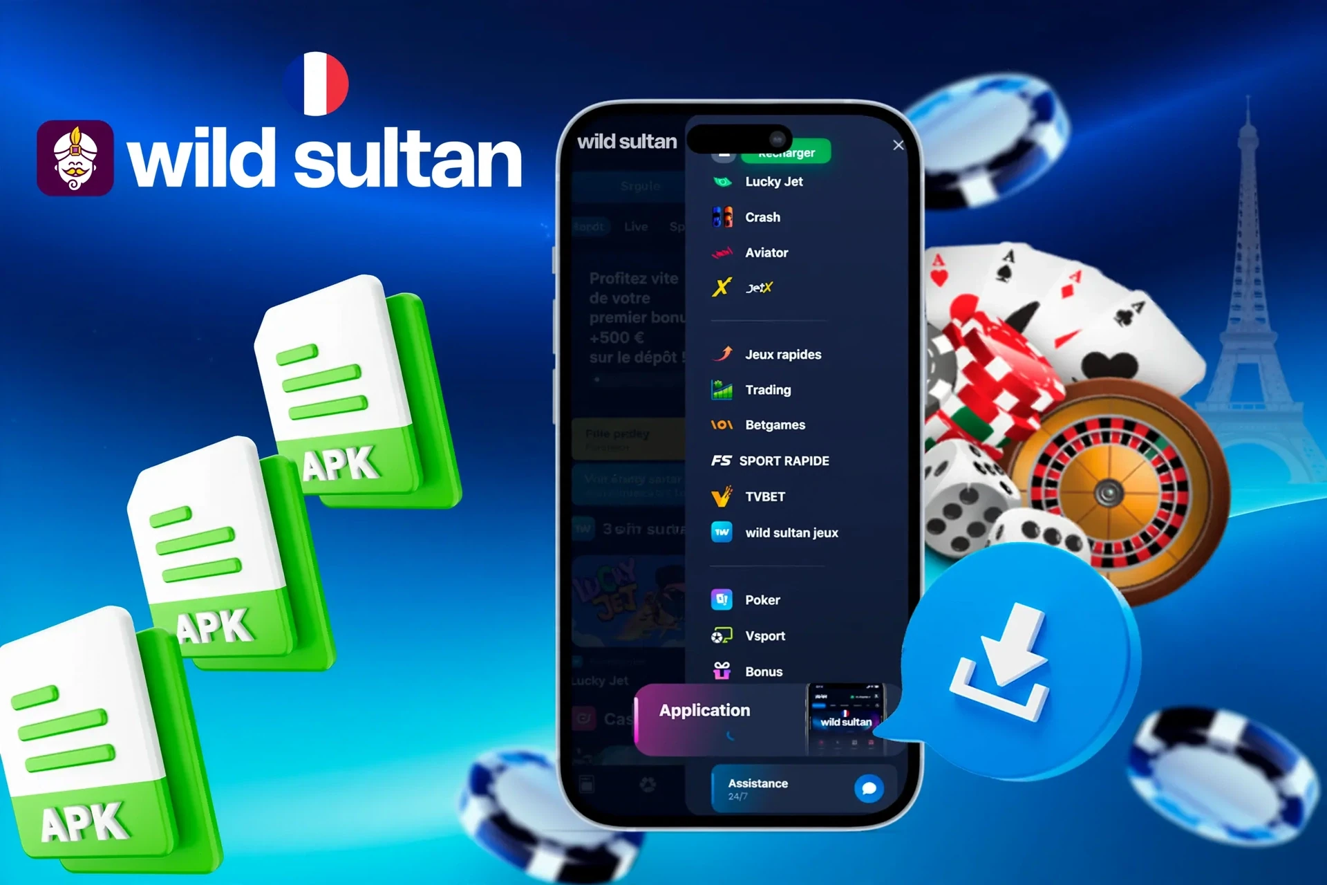 1Win app with APK file icons and casino chips illustrating mobile access to 1Win games