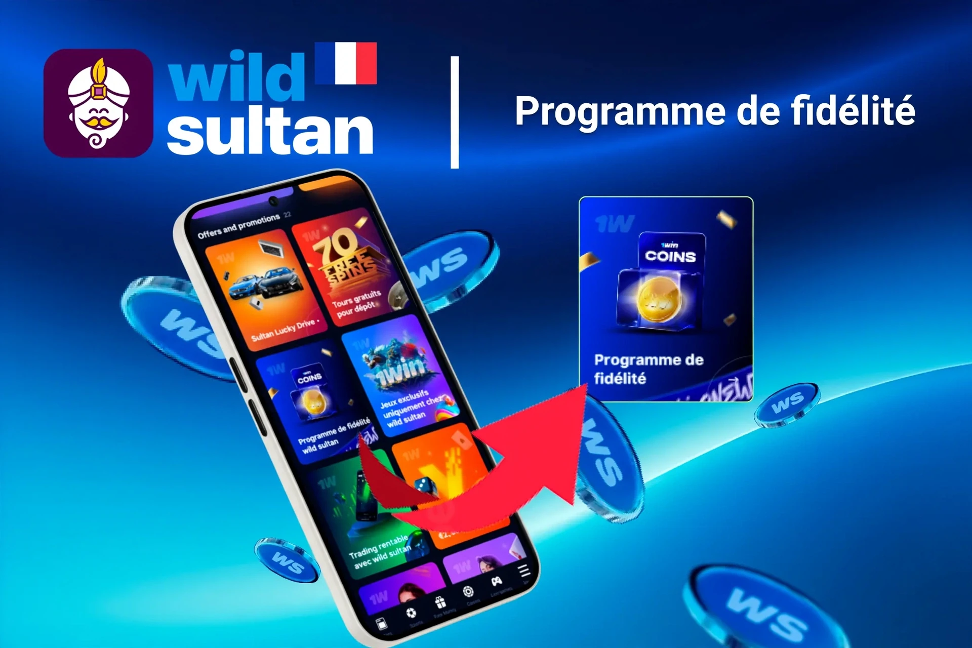 Application mobile affichant le programme de fidélité Casino Night et des offres comme des tours gratuits et Lucky Drive.