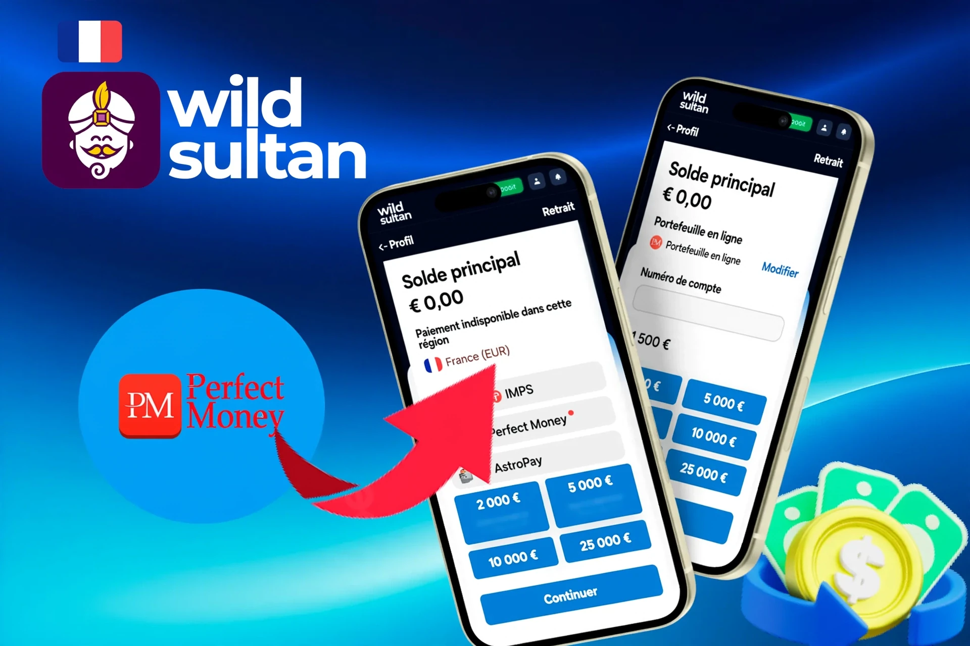 withdrawal options, featuring Perfect Money, AstroPay, and other wallet services, shown on a mobile interface