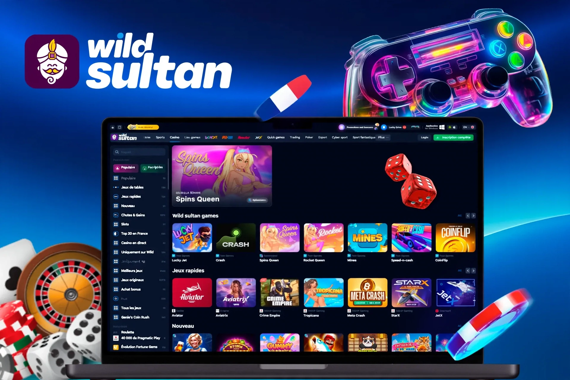 app interface showing a variety of games like Spins Queen, Crash, and Rocket Queen with a vibrant game controller icon