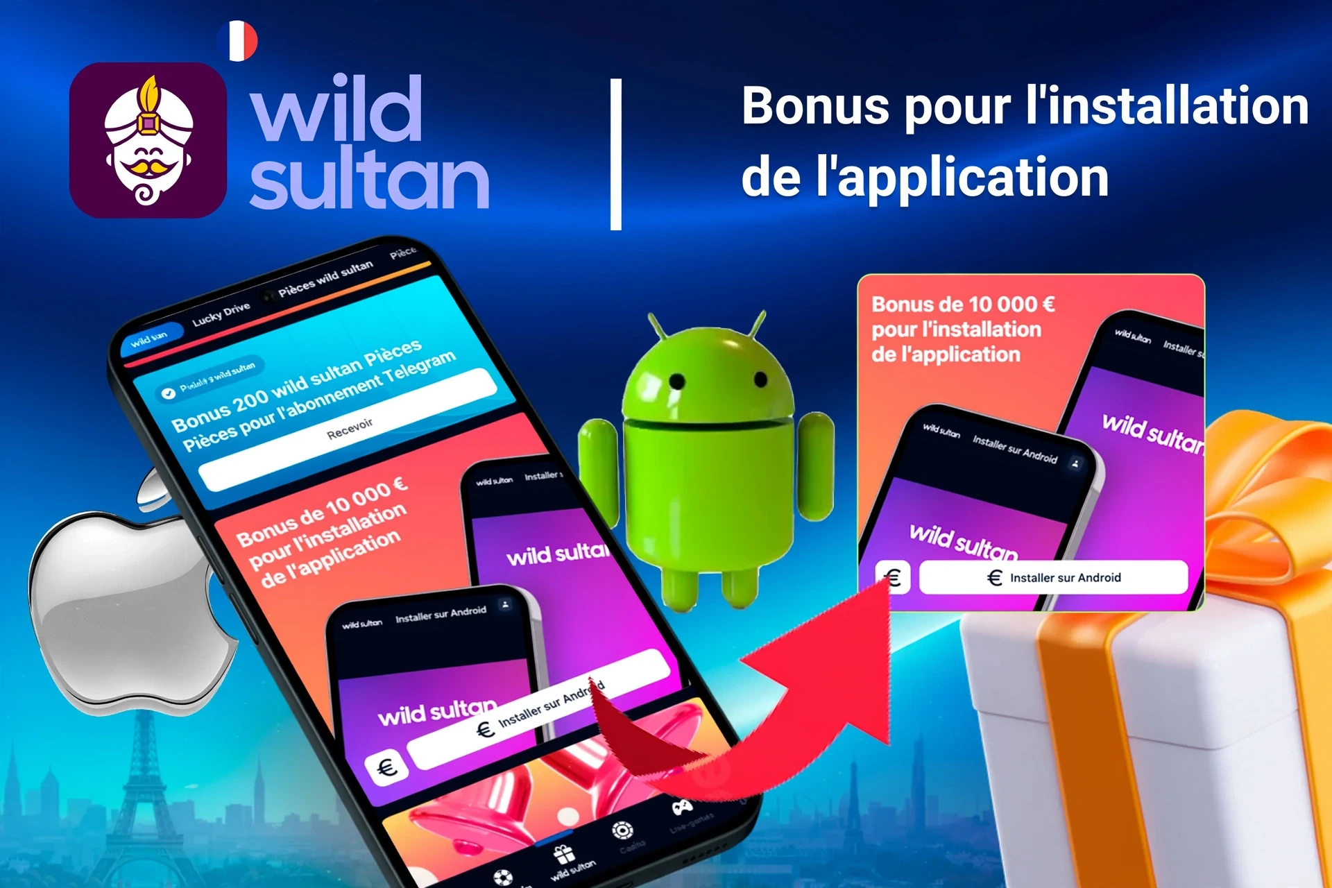 Offre de bonus Casino Night pour l'installation de l'application mobile avec les logos Android et Apple, et des boîtes cadeau