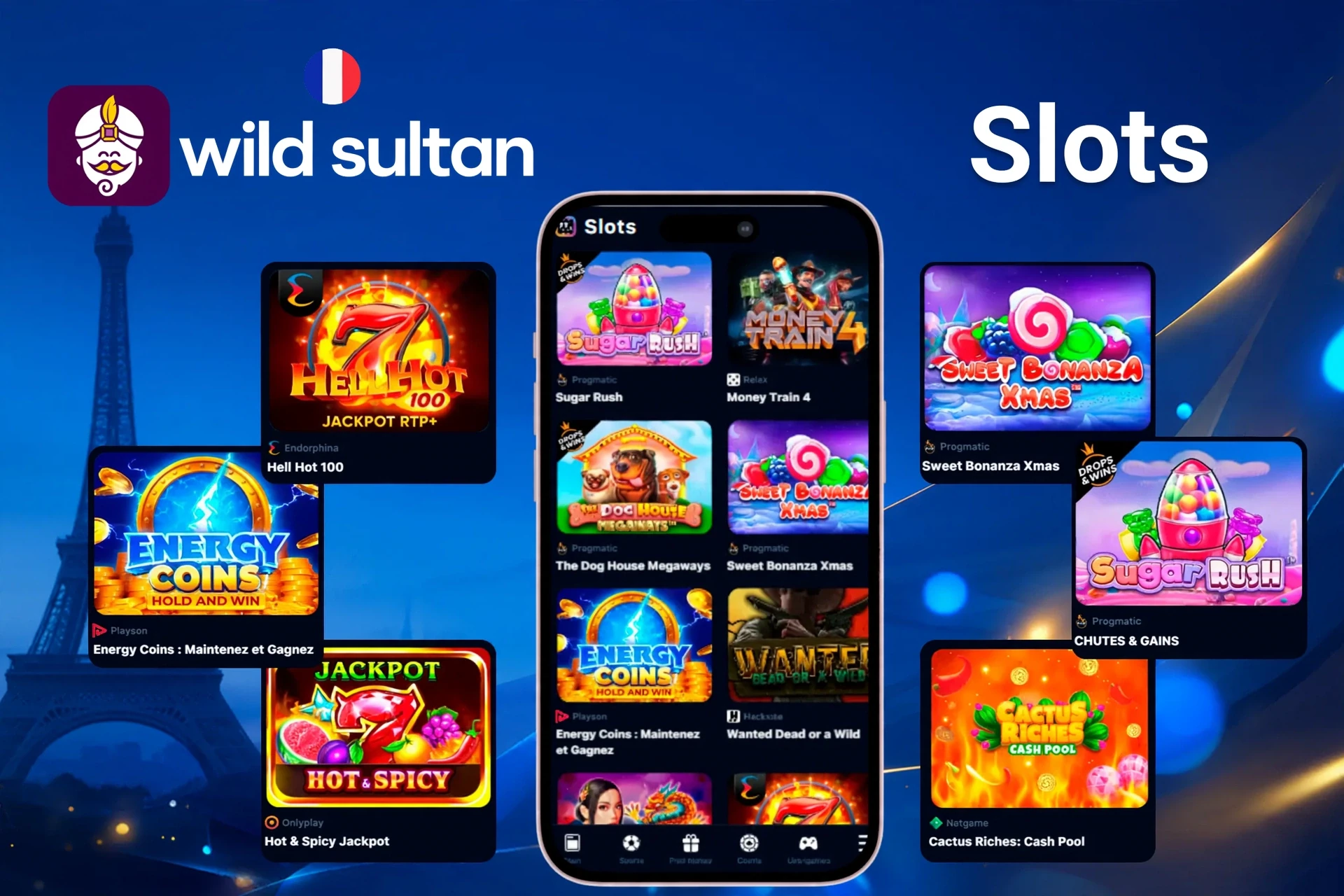 Jeux de machines à sous avec des titres populaires comme Sugar Rush, Energy Coins et Hell Hot 100 sur mobile et ordinateur de bureau
