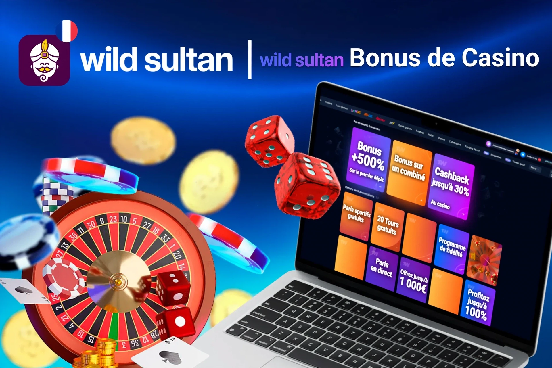 Écran d'ordinateur portable affichant divers bonus du casino Casino Night avec roulette, dés et jetons de poker