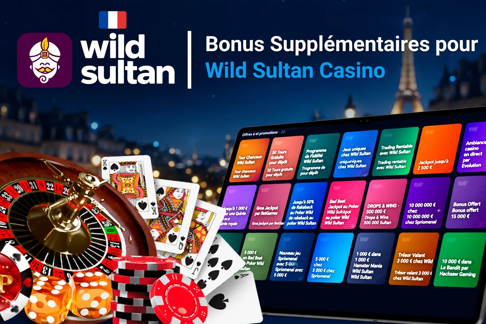 Application mobile affichant des offres de jeux de casino comme le programme de fidélité et les tours gratuits avec jetons et cartes