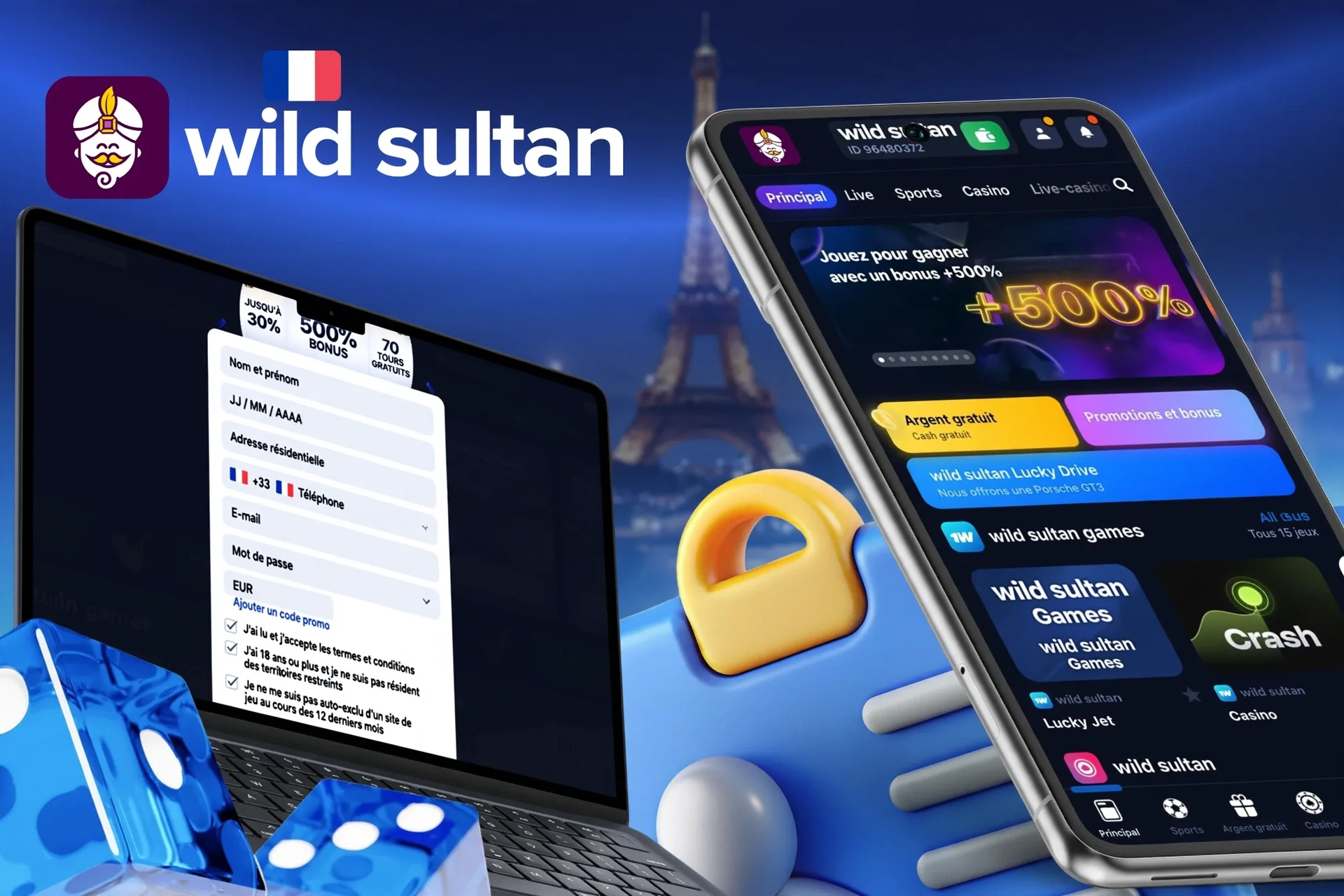 Description de l'inscription sur Casino Night en France et de la réception du bonus de bienvenue jusqu'à €1 500 + 200 tours gratuits